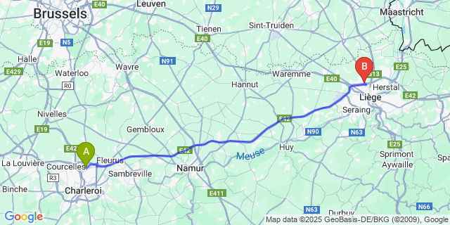 Map: Charleroi Airport Brussels South (CRL) to Rocourt