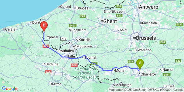 Map: Charleroi Airport Brussels South (CRL) to Roesbrugge-Haringe