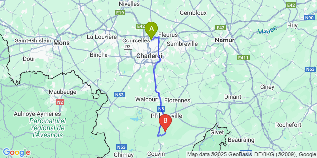 Map: Charleroi Airport Brussels South (CRL) to Roly