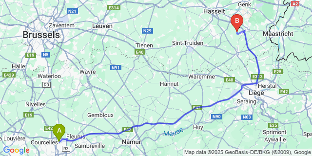 Map: Charleroi Airport Brussels South (CRL) to Romershoven