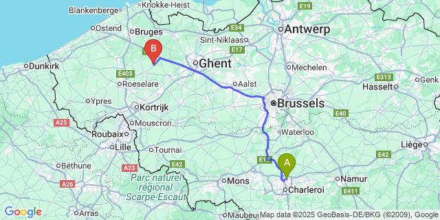 Map: Charleroi Airport Brussels South (CRL) to Ruiselede