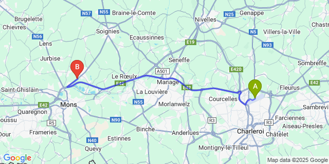 Map: Charleroi Airport Brussels South (CRL) to S.H.A.P.E. Belgium