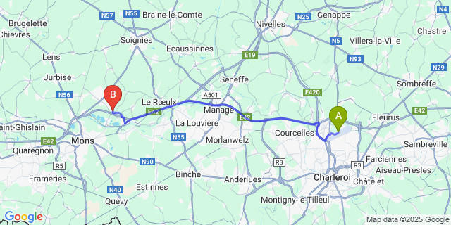 Map: Charleroi Airport Brussels South (CRL) to Saint-Denis
