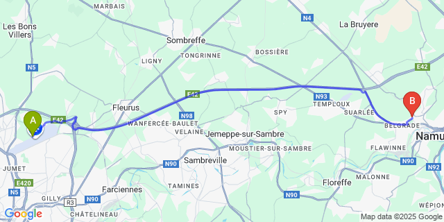 Map: Charleroi Airport Brussels South (CRL) to Saint-Servais