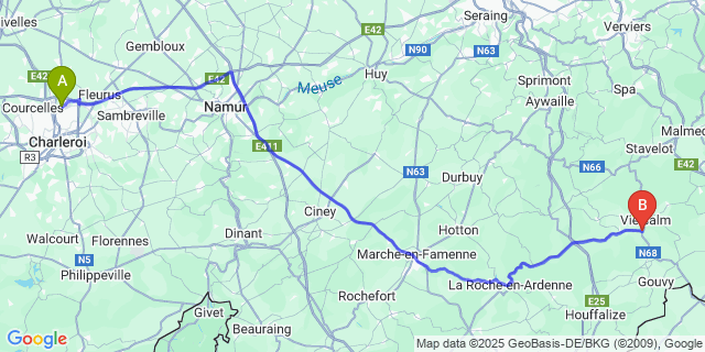 Map: Charleroi Airport Brussels South (CRL) to Salmchateau