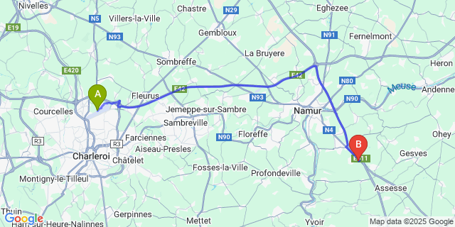 Map: Charleroi Airport Brussels South (CRL) to Sart-Bernard