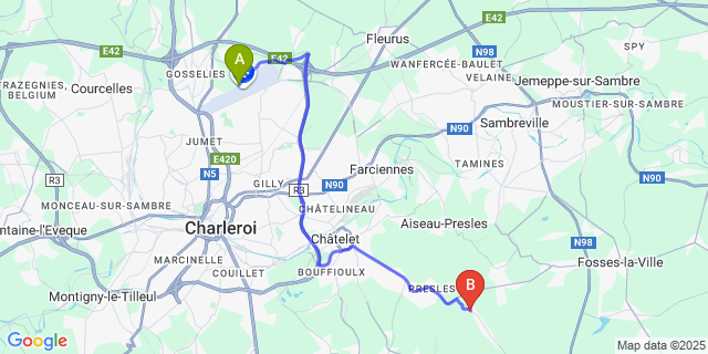 Map: Charleroi Airport Brussels South (CRL) to Sart-Eustache