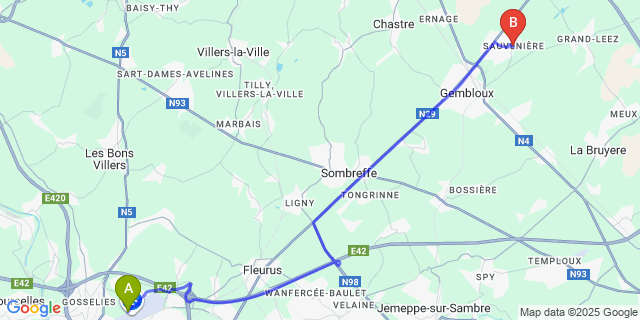 Map: Charleroi Airport Brussels South (CRL) to Sauvenière