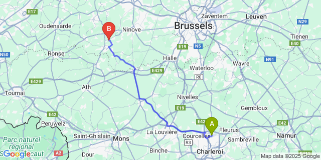 Map: Charleroi Airport Brussels South (CRL) to Schendelbeke