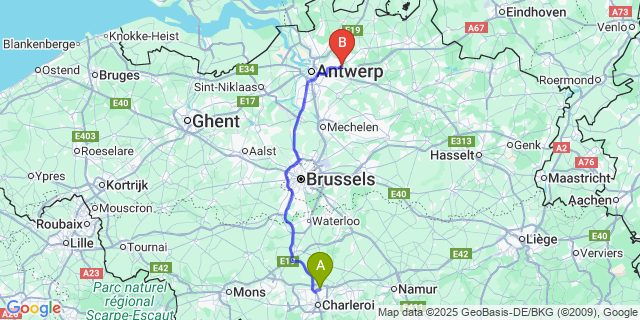 Map: Charleroi Airport Brussels South (CRL) to Schilde