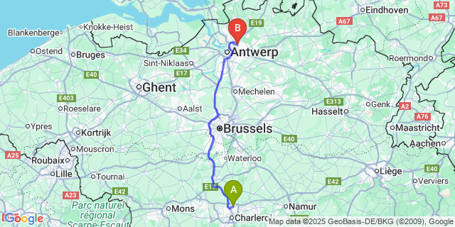 Map: Charleroi Airport Brussels South (CRL) to Schoten