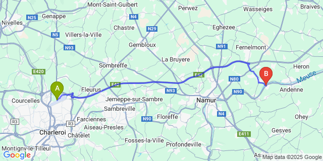 Map: Charleroi Airport Brussels South (CRL) to Sclayn