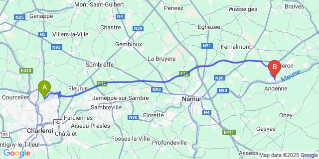 Map: Charleroi Airport Brussels South (CRL) to Seilles
