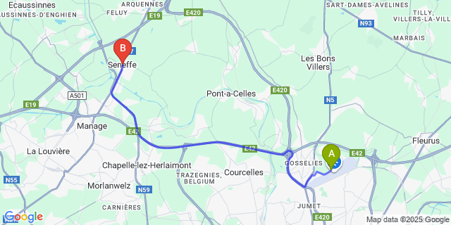 Map: Charleroi Airport Brussels South (CRL) to Seneffe