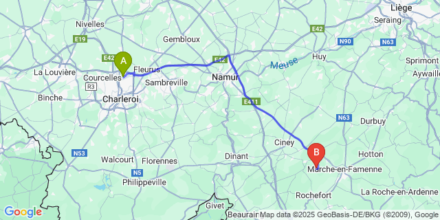 Map: Charleroi Airport Brussels South (CRL) to Serinchamps