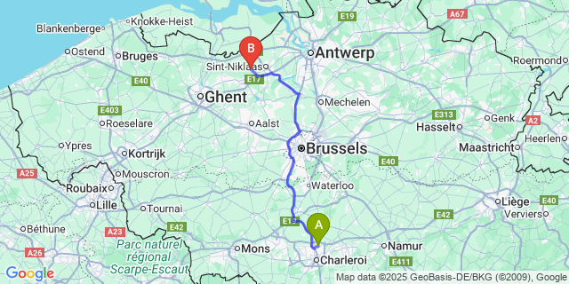 Map: Charleroi Airport Brussels South (CRL) to Sinaai