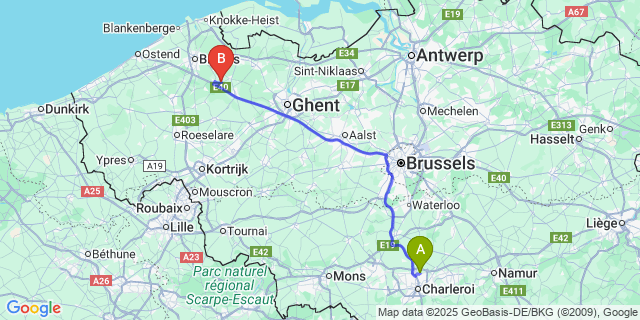 Map: Charleroi Airport Brussels South (CRL) to Sint-Joris