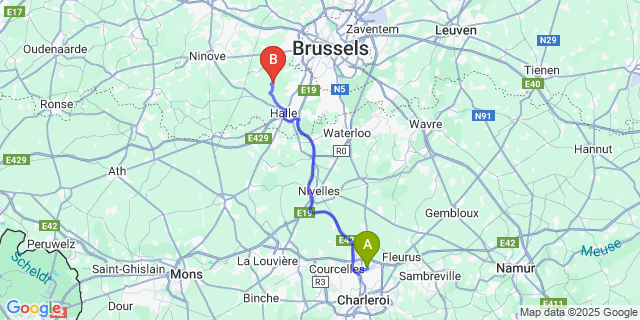 Map: Charleroi Airport Brussels South (CRL) to Sint-Laureins-Berchem