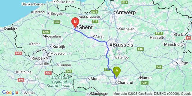 Map: Charleroi Airport Brussels South (CRL) to Sint-Pieters-Aaigem