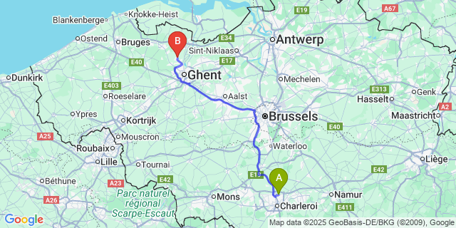 Map: Charleroi Airport Brussels South (CRL) to Sleidinge