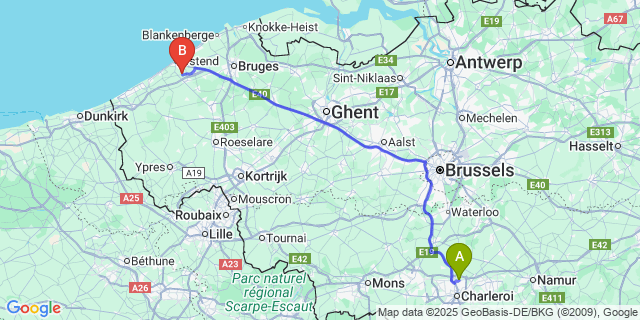 Map: Charleroi Airport Brussels South (CRL) to Snaaskerke