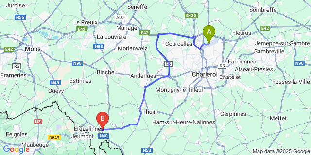 Map: Charleroi Airport Brussels South (CRL) to Solre-Sur-Sambre