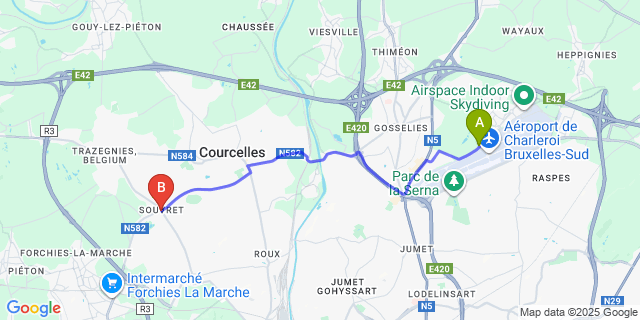 Map: Charleroi Airport Brussels South (CRL) to Souvret