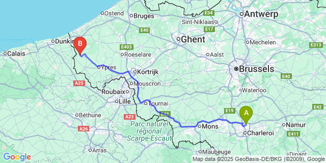 Map: Charleroi Airport Brussels South (CRL) to Stavele
