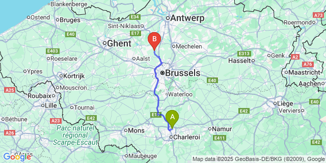 Map: Charleroi Airport Brussels South (CRL) to Steenhuffel