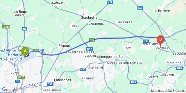 Map: Charleroi Airport Brussels South (CRL) to Suarlée