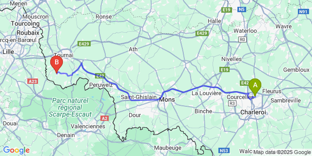 Map: Charleroi Airport Brussels South (CRL) to Taintignies