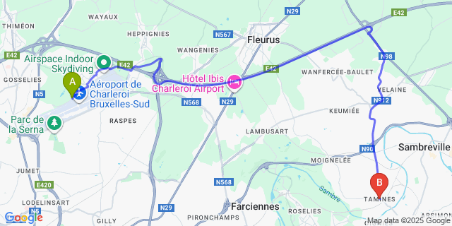 Map: Charleroi Airport Brussels South (CRL) to Tamines