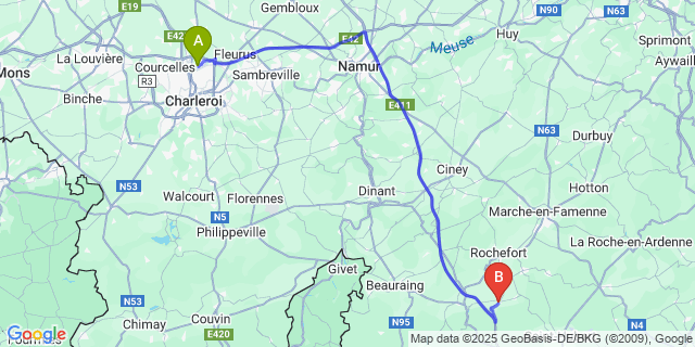 Map: Charleroi Airport Brussels South (CRL) to Tellin