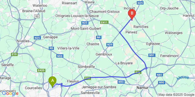 Map: Charleroi Airport Brussels South (CRL) to Thorembais-les-Beguines