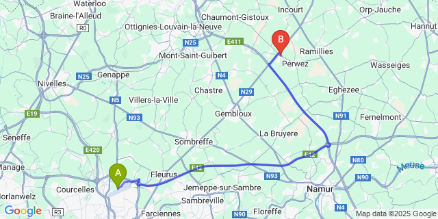 Map: Charleroi Airport Brussels South (CRL) to Thorembais-Saint-Trond