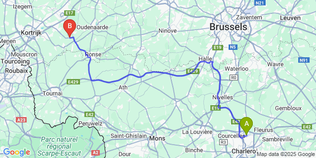 Map: Charleroi Airport Brussels South (CRL) to Tiegem