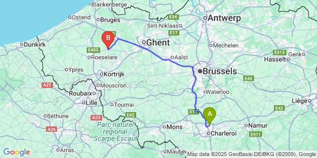 Map: Charleroi Airport Brussels South (CRL) to Tielt