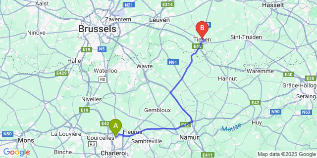 Map: Charleroi Airport Brussels South (CRL) to Tienen
