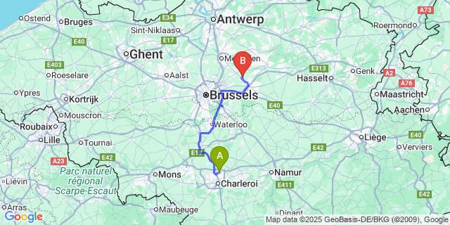 Map: Charleroi Airport Brussels South (CRL) to Tildonk