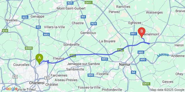 Map: Charleroi Airport Brussels South (CRL) to Tillier (Fernelmont)