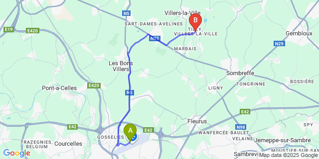 Map: Charleroi Airport Brussels South (CRL) to Tilly