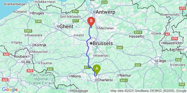 Map: Charleroi Airport Brussels South (CRL) to Tisselt
