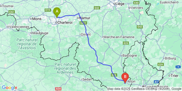 Map: Charleroi Airport Brussels South (CRL) to Toernich