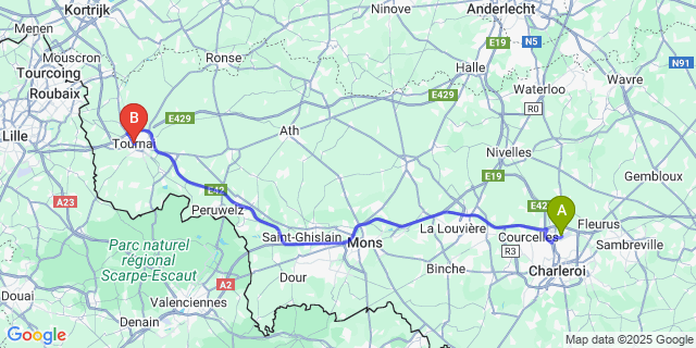 Map: Charleroi Airport Brussels South (CRL) to Tournai