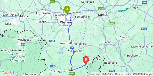 Map: Charleroi Airport Brussels South (CRL) to Treignes