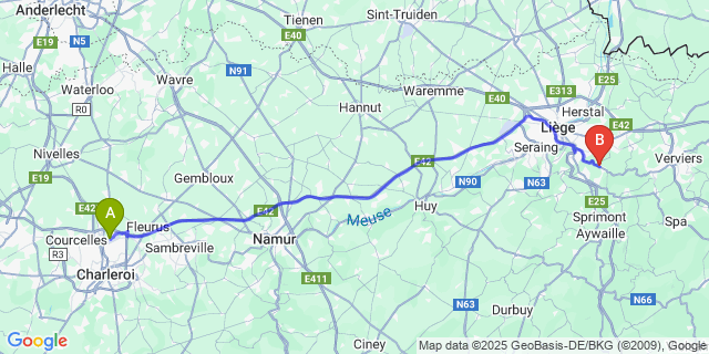 Map: Charleroi Airport Brussels South (CRL) to Trooz