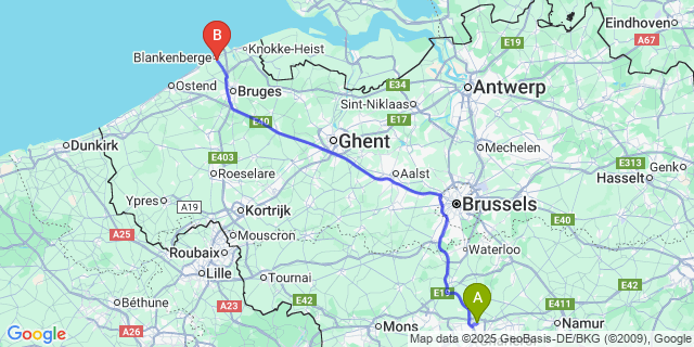 Map: Charleroi Airport Brussels South (CRL) to Uitkerke