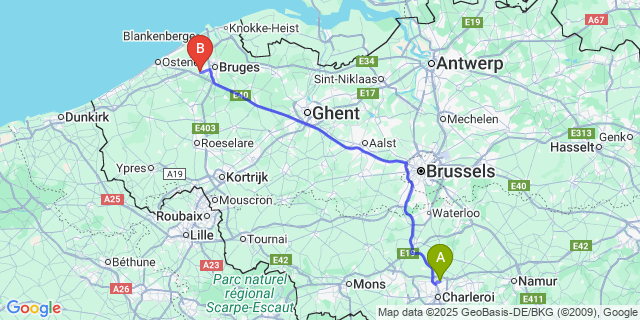 Map: Charleroi Airport Brussels South (CRL) to Varsenare