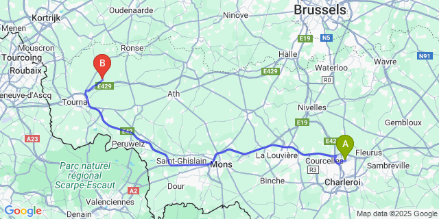 Map: Charleroi Airport Brussels South (CRL) to Velaines