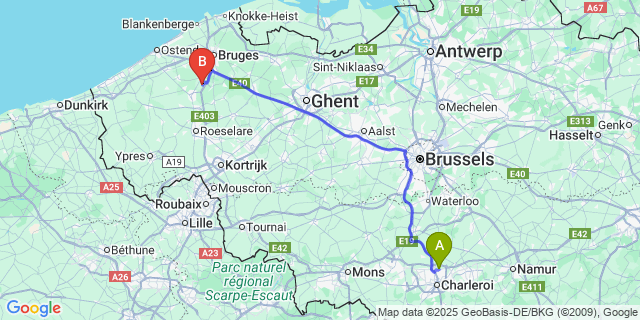 Map: Charleroi Airport Brussels South (CRL) to Veldegem